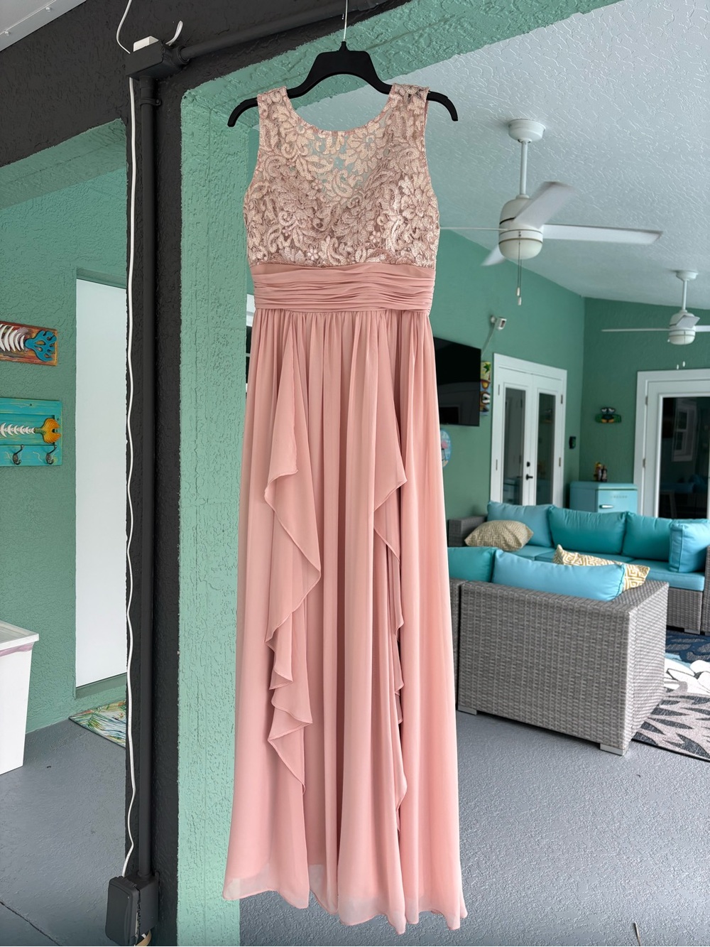 Eliza J Embroidered V-Neck Chiffon Evening Gown- Blush size 8